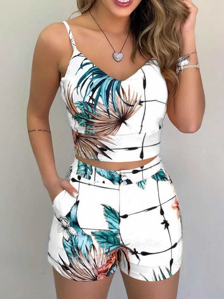 Womens Two Piece Pants Print Spaghetti Strap Crop Top Short Set Casual Summer 2 Outfits For Women 230612