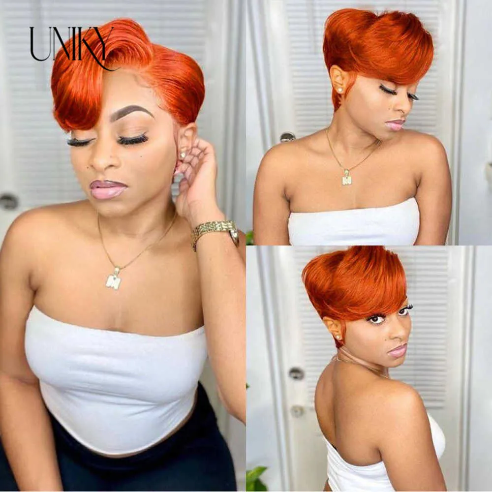 Spitze Perücken Pixie Cut Perücke Spitze Echthaar Perücken Für Frauen Gerade Kurze Bob Perücke T Teil Spitze Perücke Ingwer Orange Gerade Bob Spitze Frontal Perücke Z0613