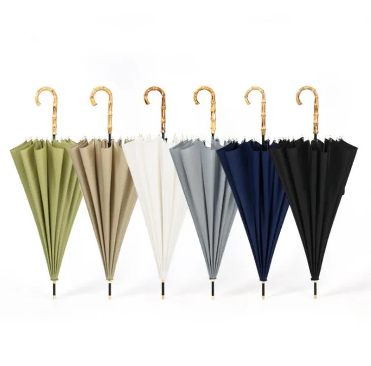 16 Ribs Straight Umbrella Windproof Solid Color Long Handle Straight Umbrella Women Men Bamboo Handle Pongee Umbrella