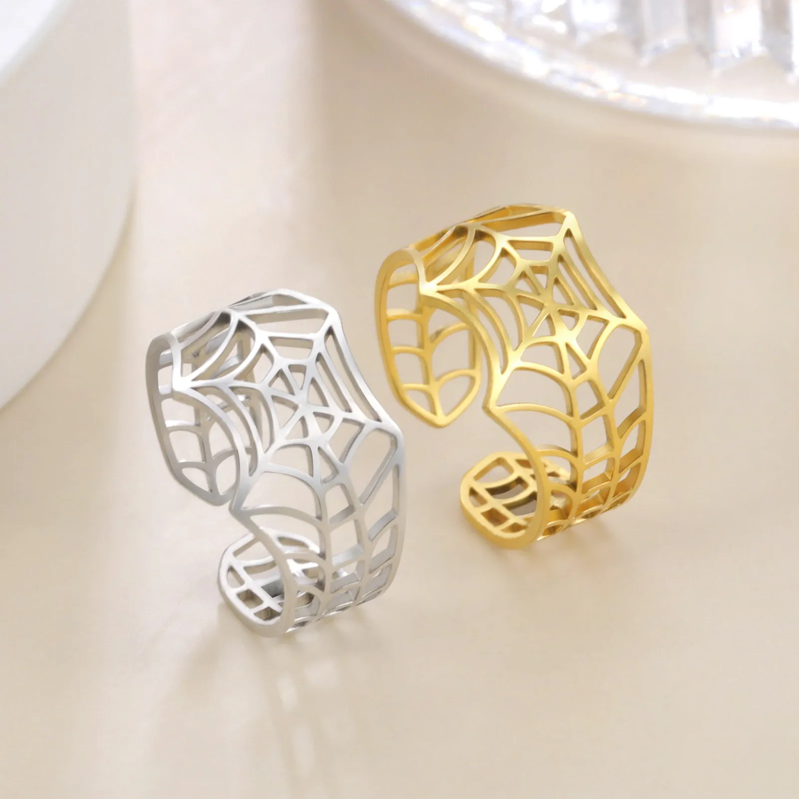 SpiderMan-Ring, verstellbare Öffnung, Edelstahl-Spinnennetz-Ring, vergoldete Silberfarbe, stilvoller Schmuck, Geschenk mit Box, Großhandel und Dropshipping unterstützt