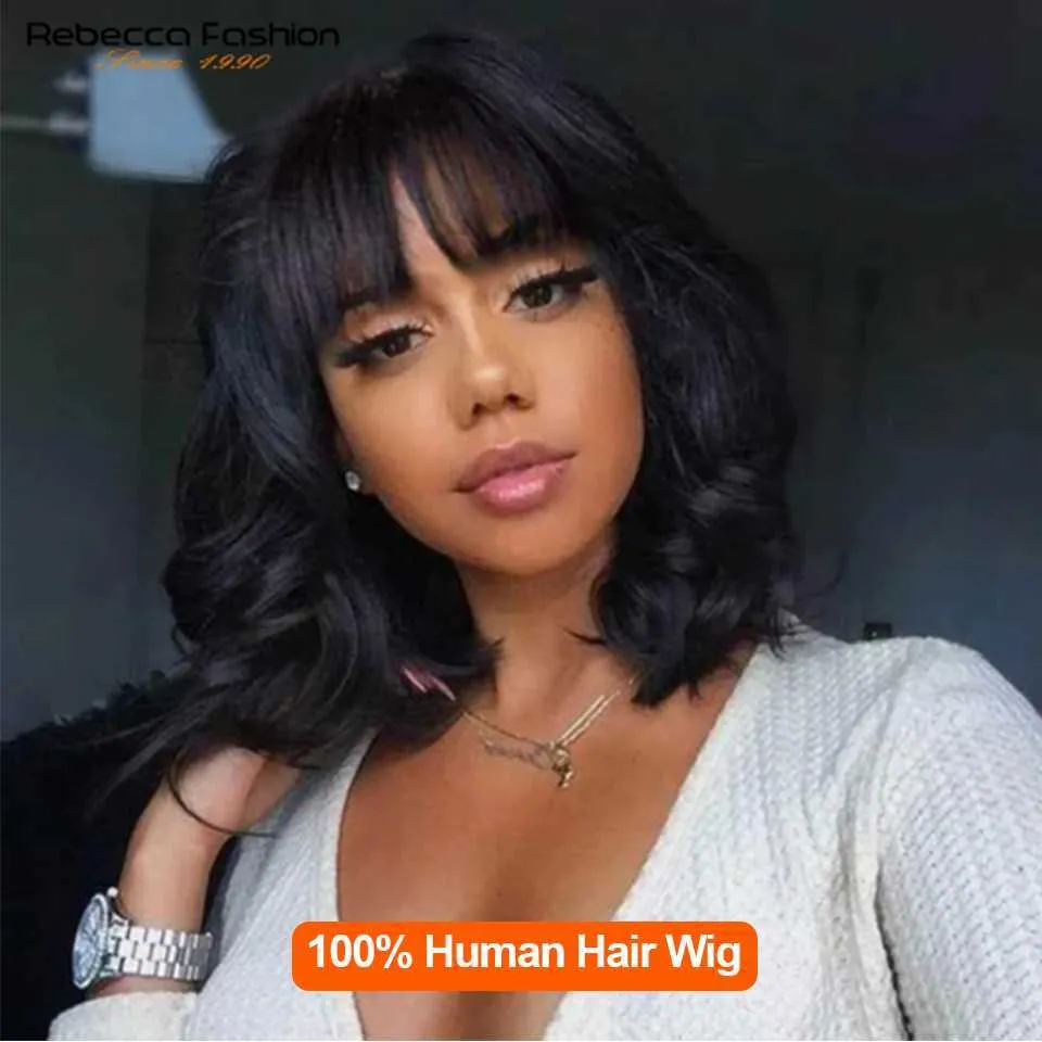 Lace Wigs Rebecca Short Bob Wigs With Bangs Brazilian Body Deep Wave Natural Remy Human Hair Wig Full Machine Made Glueless Wigs For Black Z0613