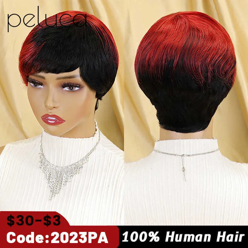 Parrucche di pizzo Parrucche diritte Bob corto Parrucche umane con frangia Capelli brasiliani Parrucca tagliata a Pixie Parrucca di capelli umani economici per donne nere Borgogna Ombre Colore Z0613