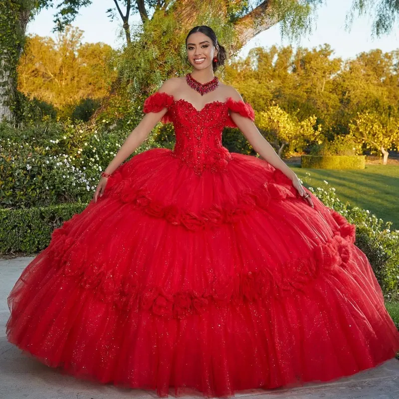 Quinceanera Dresses 2024 Red Ball Gown Appliques Beading Sleeveless Off Shoulder Tulle Sweet 15 Party Dress