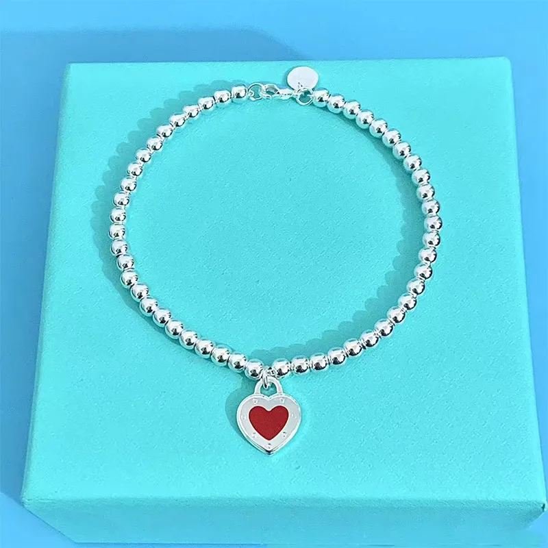 New Designer jewelry Fashion tag love heart bracelets T 925 sterling silver bracelet original classic beaded bracelet 4mm ball gold chain man women jewelry blue box