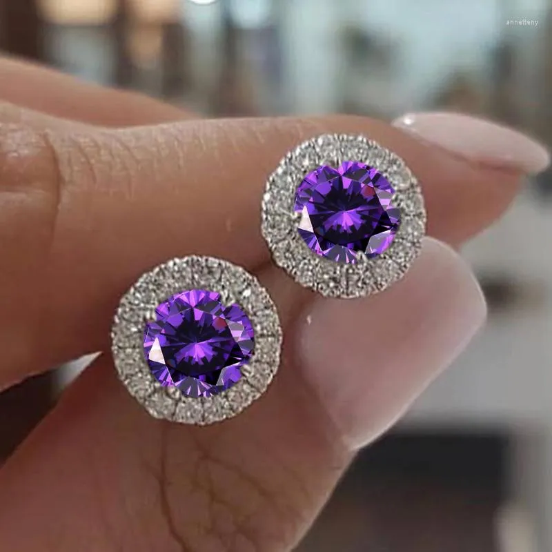 Boucles d'oreilles à tige mignon femme cristal petit rond classique couleur argent bijoux de mariage charme violet Zircon pour les femmes