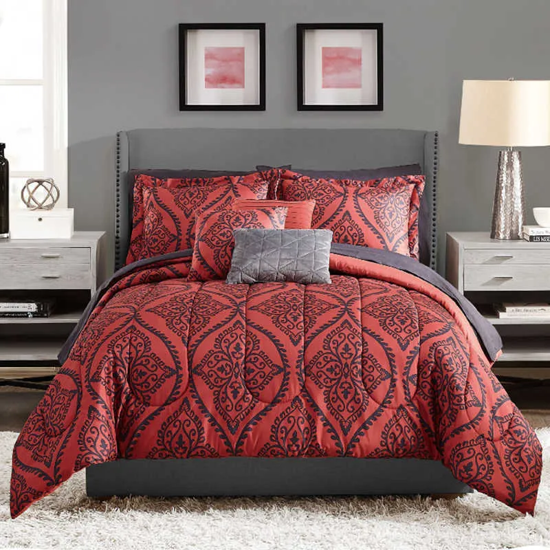 مجموعات الفراش Mainstays Mainstays Red and Black Damask 8 قطعة في حقيبة معزياء مع أوراق Twintwinxl Z0612