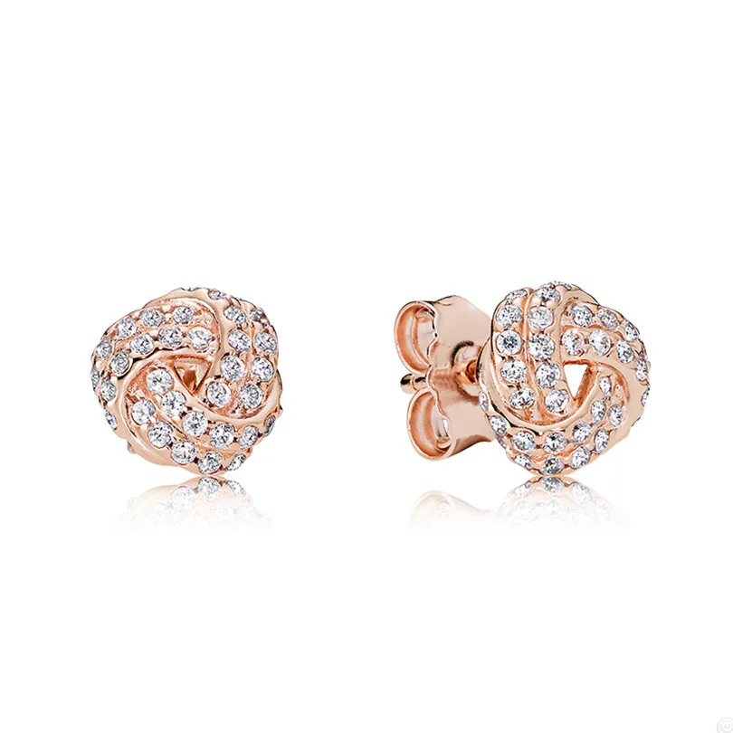 Luksusowe 18 -karowe kolczyki z różowym złotem do pandora połyskujące węzły Kolczyki projektant biżuterii dla kobiet dziewczęta kryształowe kolczyki miłosne z oryginalnym pudełkiem hurtowym
