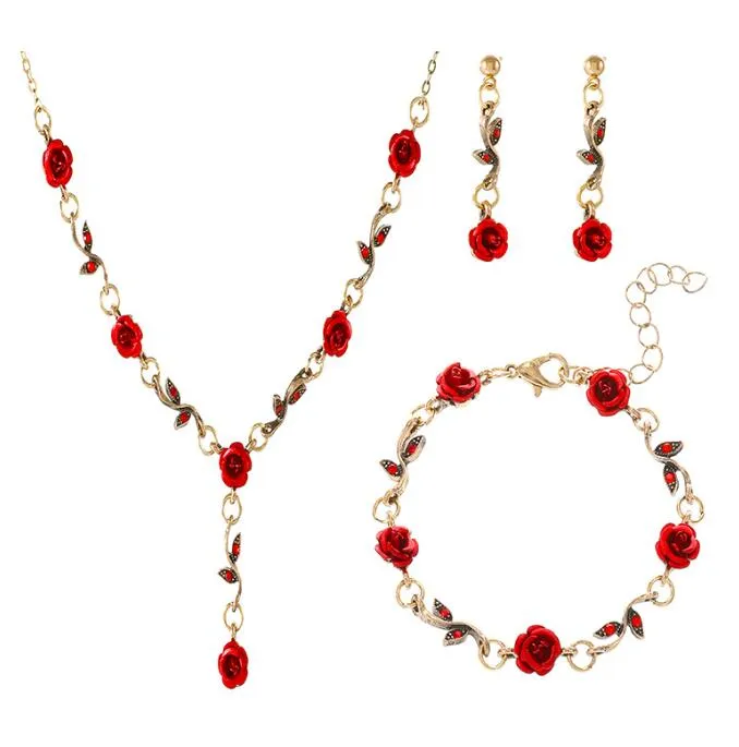 Anhänger Halsketten Retro Französisch Rote Rose Blume Armband Ohrringe Halskette Set Für Weibliche Frauen Damen Mädchen Persönlichkeit Ohrring Drop Otkar
