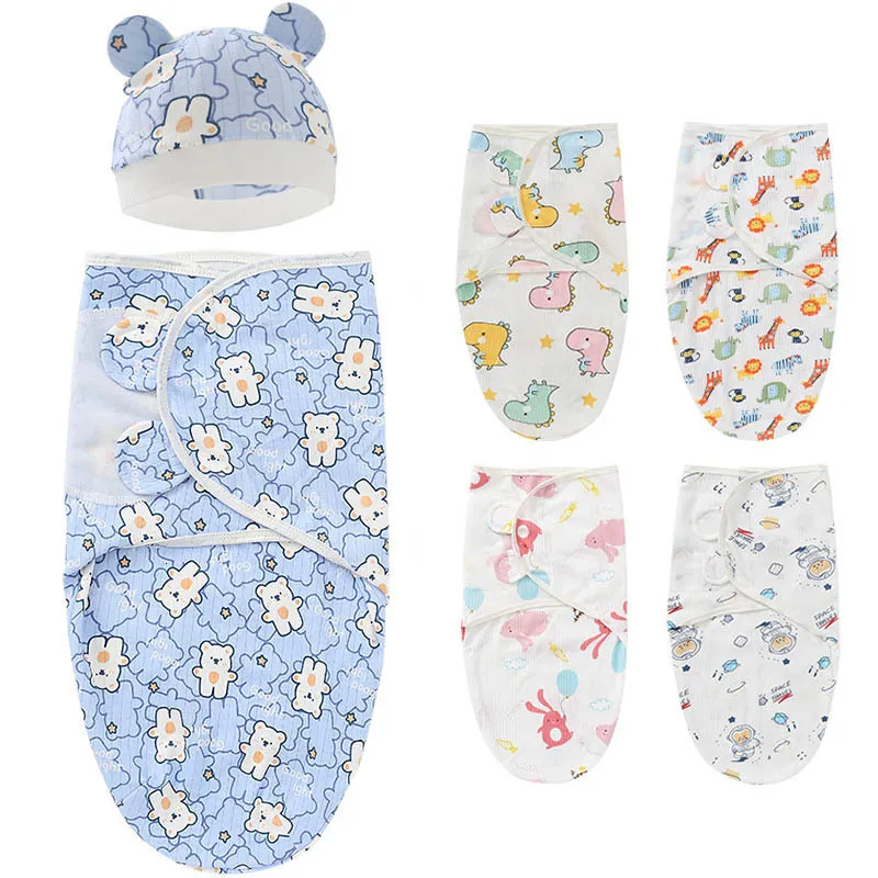 Filtar Swaddling 2pcsSet 06 Månad Baby Swaddle Cotton Sleepsack Filt Wrap Hat Set Spädbarn Justerbar Born Sleeping Bag 230613