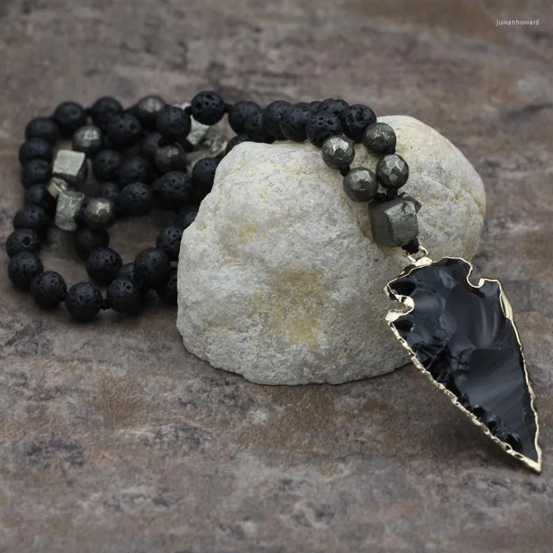Chaînes pierre de lave volcanique perlé flèche pendentif collier pour hommes bohême couleur noire tissé à la main Yoga énergie bijoux