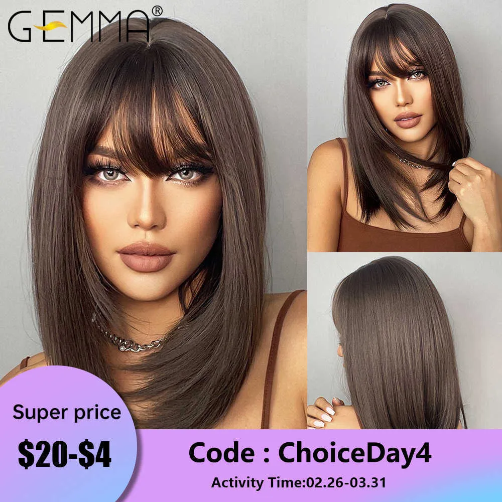 Lace Wigs GEMMA Dark Brown BoBo Synthetic Wig with Bangs Shoulder Length Straight Wig for Women Cosplay Daily Hair Wig Heat Resistant Fibr Z0613