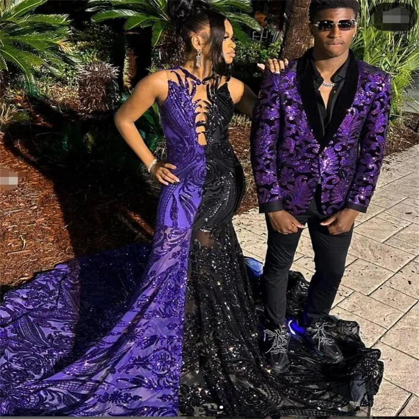 Abito da sera con paillettes di lusso nero con viola 2023 Elegante sirena nera Abiti da sera per ragazze Plus Size Glitter Abiti da cerimonia per occasioni formali robe de soiree vestido de noche