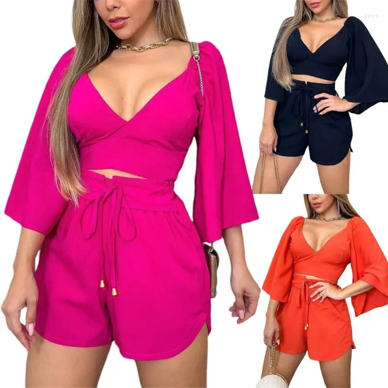 Work Dresses V-neck Backless Flared Sleeve Shirt High Waist Shorts Fashion Casual Suit Drop