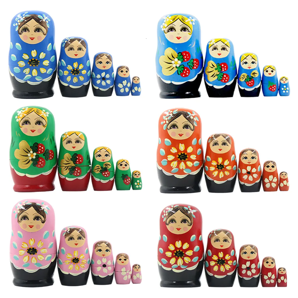 Dockor 5st ryska häckar dockor tecknad matryoshka babushka trä leksak för barn barn gåva jul mors dag hem dekor 230612