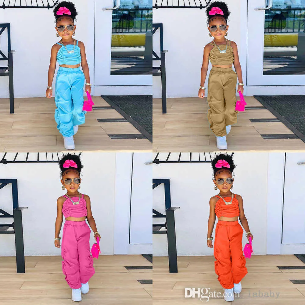 Kinder Kleidung Baby Girls Trailsuits Sommer Zwei -Stück -Set plissierte Feste Farbe Halfter Weste lässig lose Beinhosen 2pcs Anzug Outfits