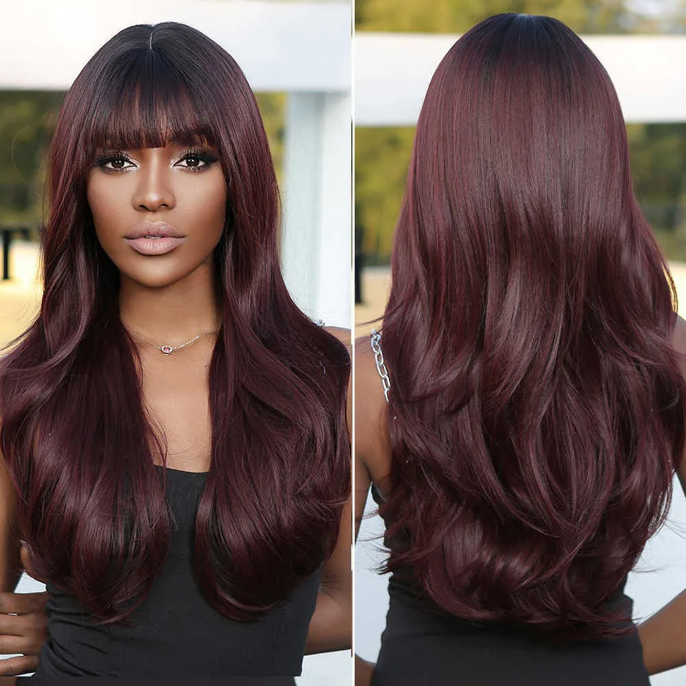 613 Lace Wig Long Dark Ombre Wine Red Brown Synthetic Wig With Bangs  Natural Wavy Hair For Women Daily Cosplay Party Heat Resistant From  Misihan09, $19.82 | DHgate.Com, image size:1000x1000