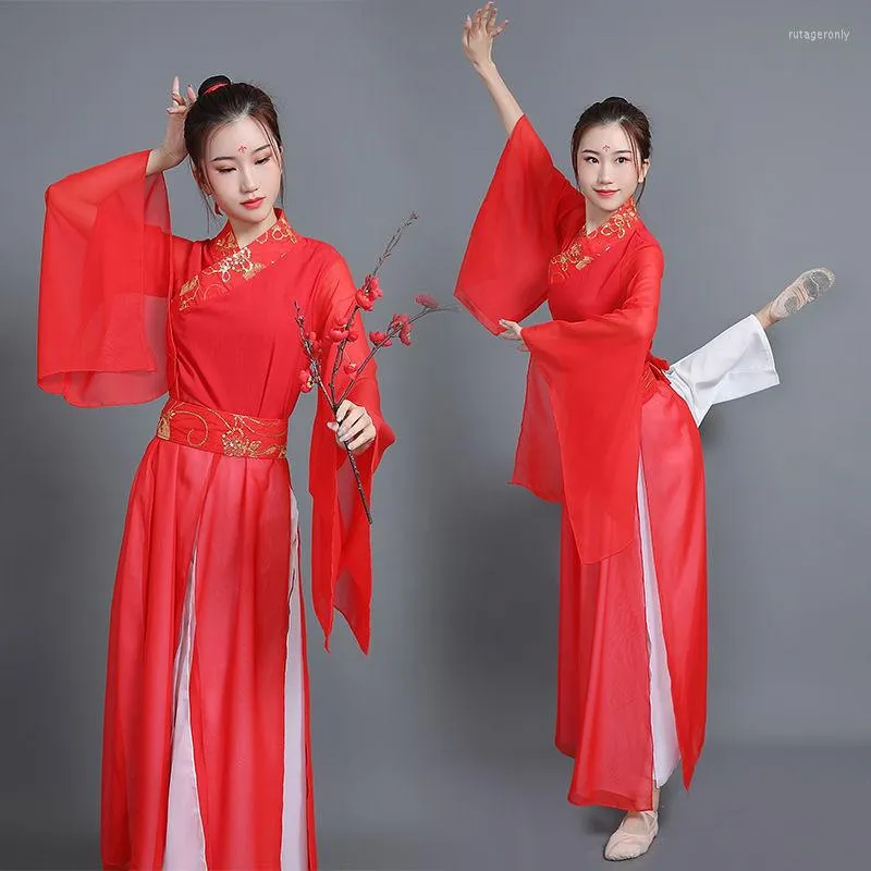 Ethnische Kleidung Damen Chinesischer Traditioneller Volkstanz Hanfu Kostüm Paillettenstickerei Alte Fee Rotes Bühnenkleid Outfits