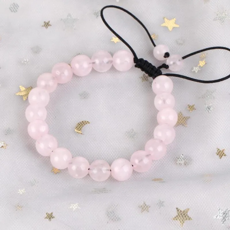 Strand 6/8mm Natural Rose Quartz Bracelet Adjustable Braided Rope Bangles For Men Women Jewelry Gift Healing Energy