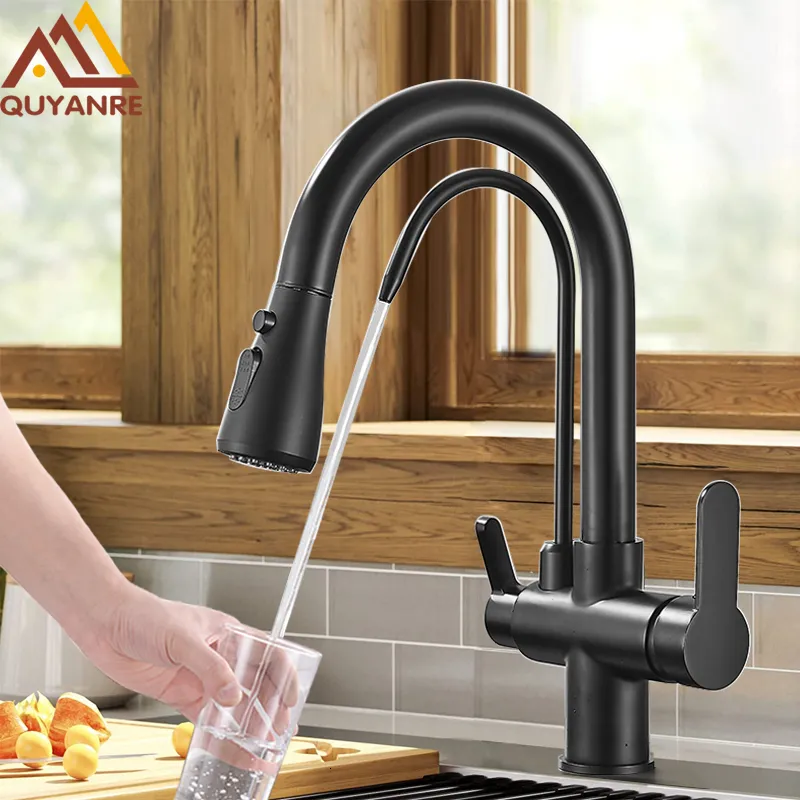 Bathroom Sink Faucets Quyanre Matte Black Filtered Crane For Kitchen Pull Out Spray 360 Rotation Water Filter Tap Three Ways Sink Mixer Kitchen Faucet 230612