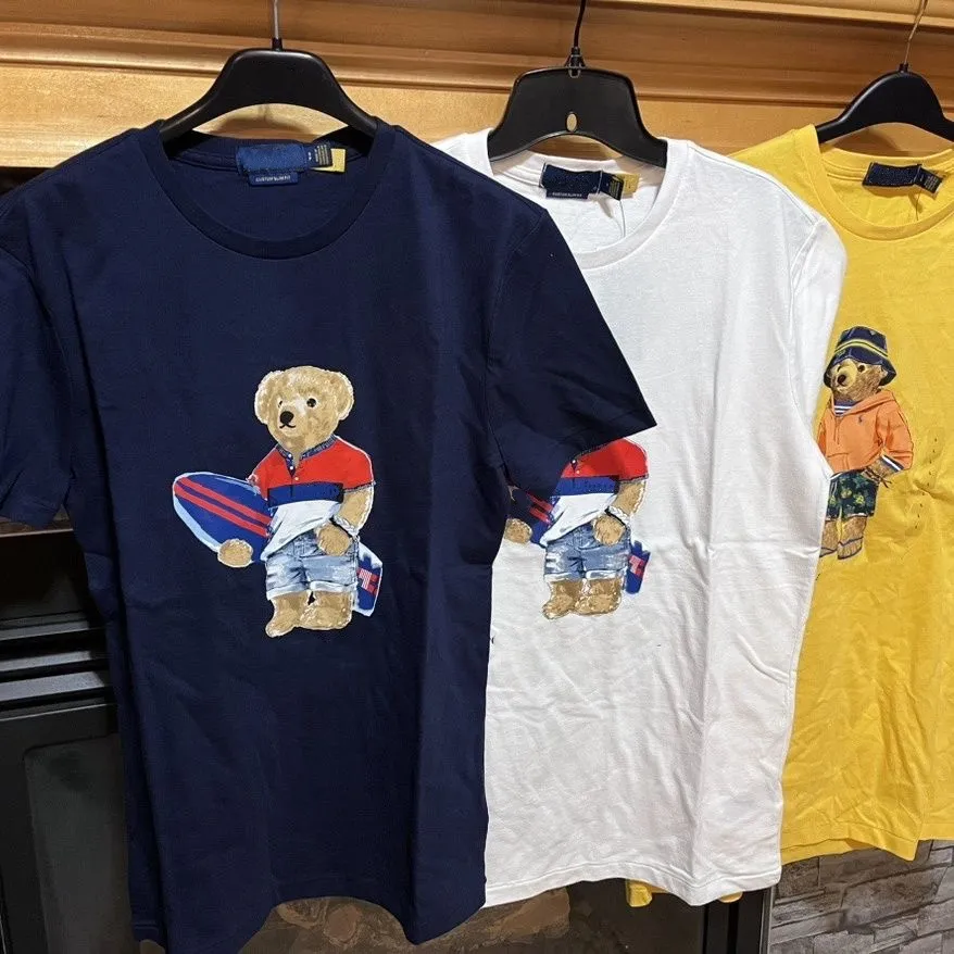 男子人気のあるファッションとリトルベアパターンプリントピュアコットンショートスリーブTシャツ付きハンサムなサーフポロスシャツ