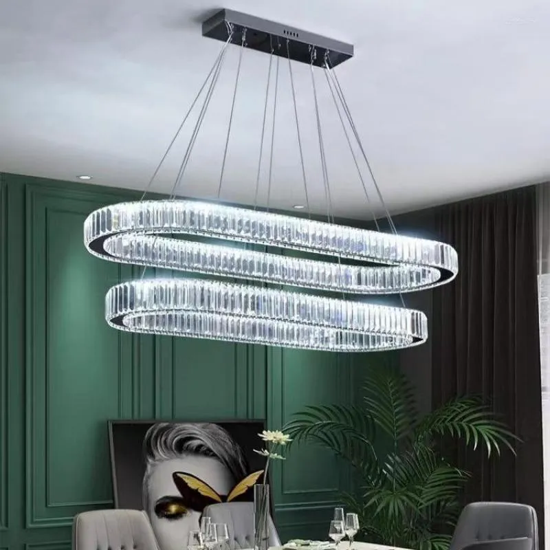 Luminárias pendentes luxo simples sala de jantar oval aço led luzes reguláveis ouro cromado lustre lustre de cristal lustre ajustável suspensão