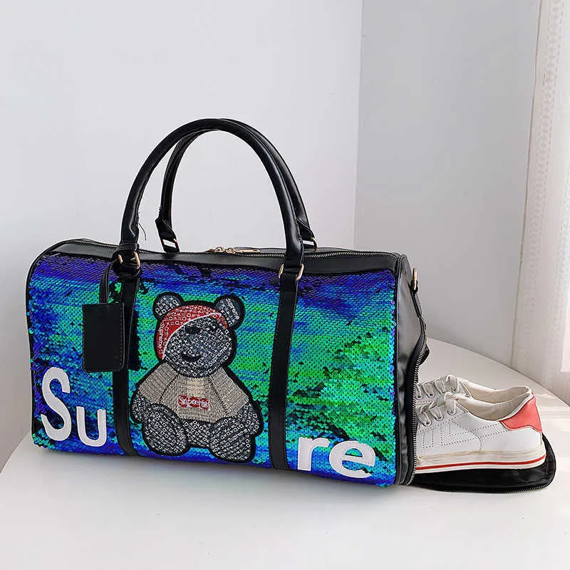 Nouveau petit ours bottes paillettes une épaule main ascenseur voyage avec séparation sèche et humide sac à bagages sport et fitness pour femmes à la mode