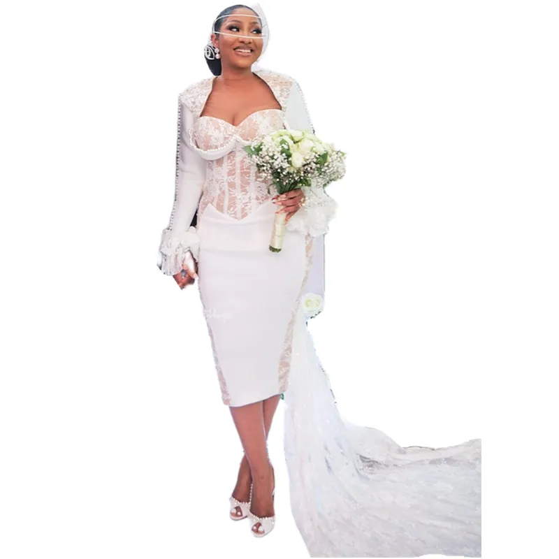 knee length dresses for ladies White Lace Sheer Long Sleeve Wedding Dresses Side Slit Chiffon Evening Dresses