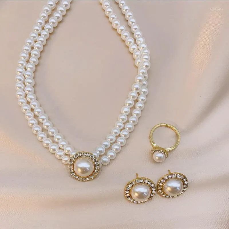 Choker Luxury Pearl Necklace Set Fashion Pendant Earrings Rings Ladies Banquet Wedding Jewelry Women Accessories Gift