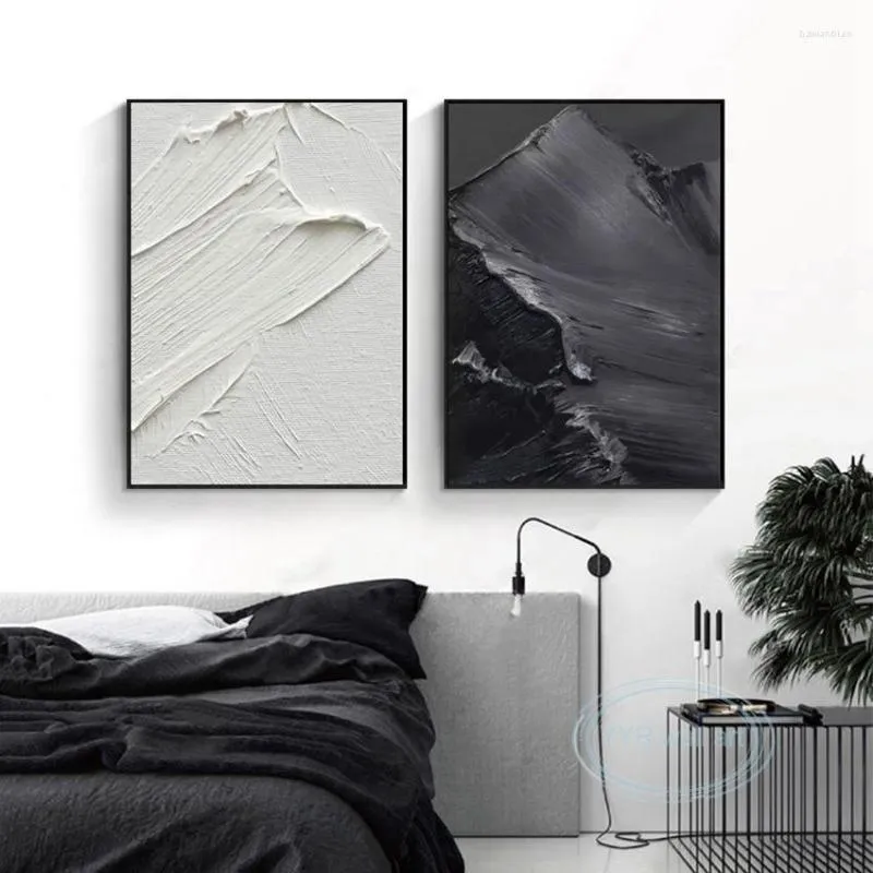Peintures Noir Et Blanc Texture Minimaliste Avancée À La Main Abstraite Peinture À L'huile Mur Art Toile Décoration Affiche Salon Chambre