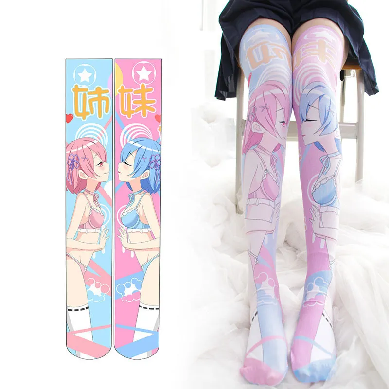 Sexy chaussette fille Re zéro Rem Ram Lolita bas cuisse haute chaussette danse Cosplay japonais Anime sur genou grande taille 230613