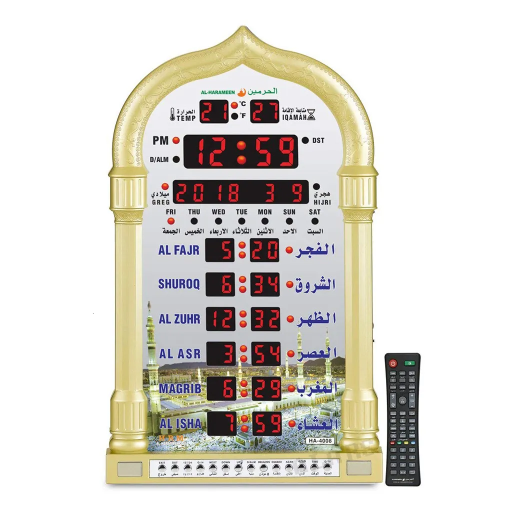 すべての都市のアダンアラーム付きイスラム教徒の壁の祈りの時計は、Qiblah Direction TempやHijir Calendar 230612を含むイスラムアザンの時間にアラームします