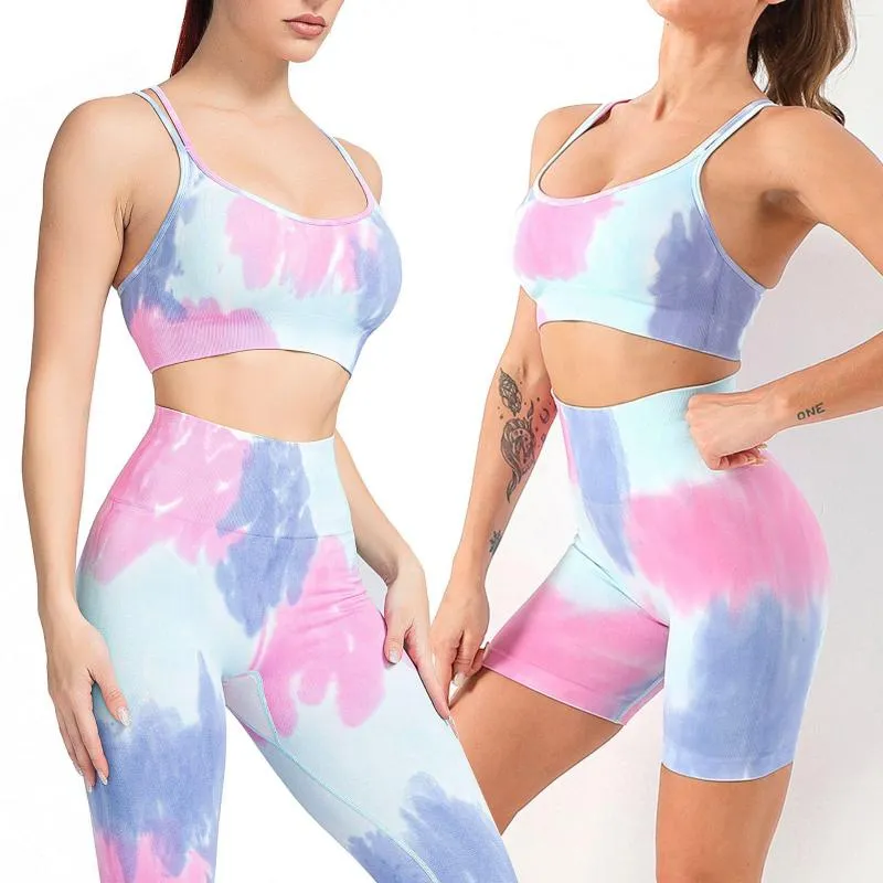 Calças femininas sem costura malha tie-dye esporte terno cintura alta levantamento de quadril fitness lindo colete sutiã roupas de ioga para mulheres