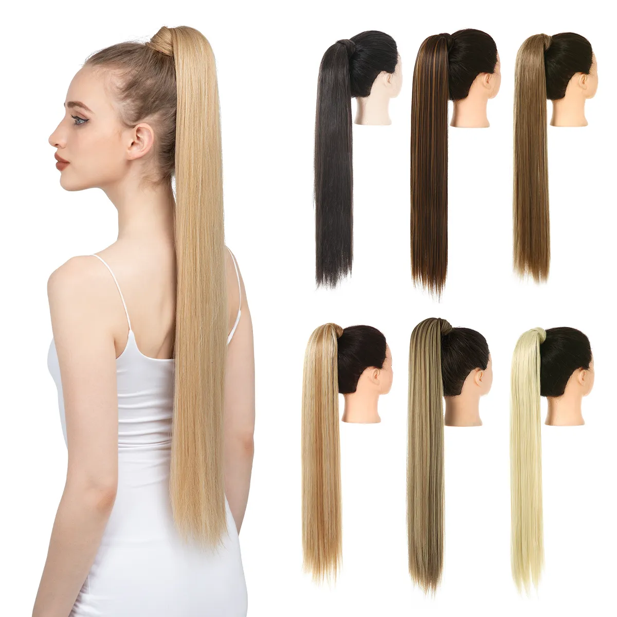 Paardenstaarten Synthetische Lange Rechte Paardenstaart Haarverlenging 32 inch Clip in Nep Haarstukje Blonde Wrap Around Pigtail Smooth Tail 230613