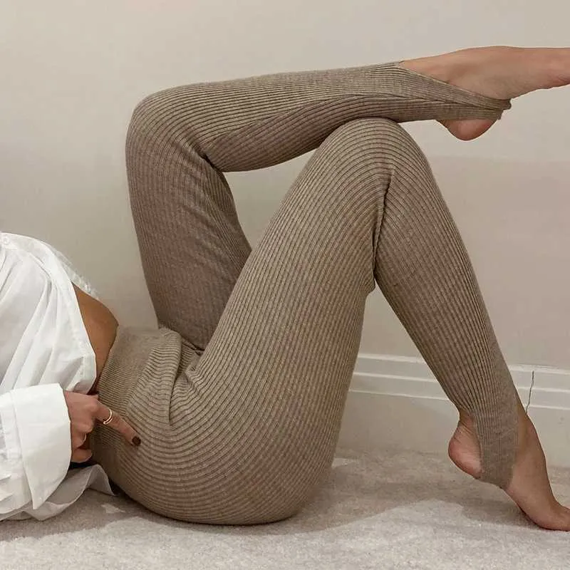 Women's Leggings Beige Ribbed Knit Leggings Women High Waist Cotton Fitness Basic Pants Casual Spring New All-Match Female Skinny Leggings