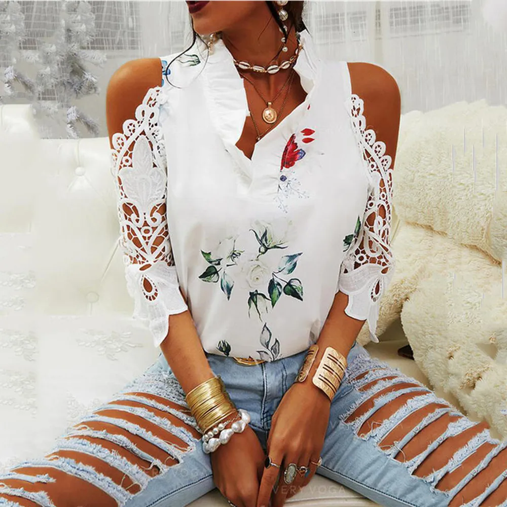 Kvinnors blusar skjortor Summer Women's Tops Flower Print Off-Shoulder Lace Stitching Half-Sleeve T-shirt Ladies Mode Casual Loose T Shirts 230613