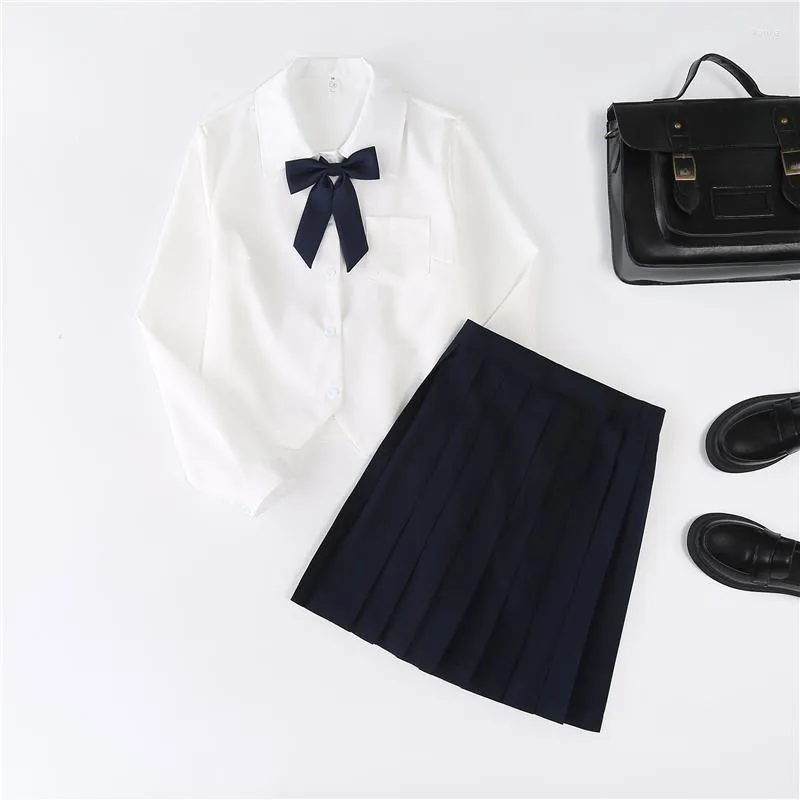Arbetsklänningar kvinnor blus lägg till veckad kjol två kostym fahion bow skol uniformer hög studentdräkt långärmad japansk koreansk jk kläder