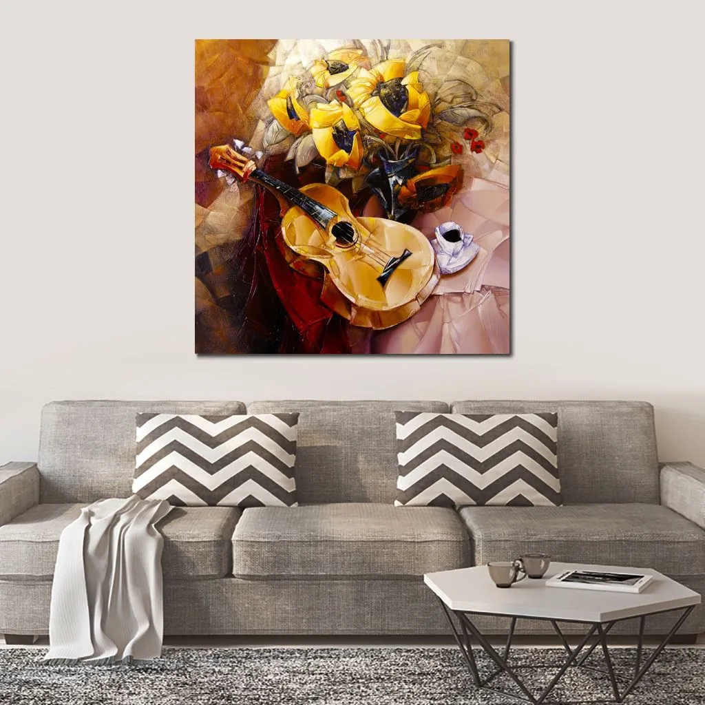 Abstract Floral Oil Painting on Canvas Guitar with Sunflower Artwork Contemporary Wall Decor