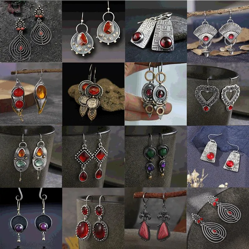 Dingle örhängen stam oregelbunden rund naturlig röd mönster krok vintage metall två ton ihålig droppe för kvinnor smycken