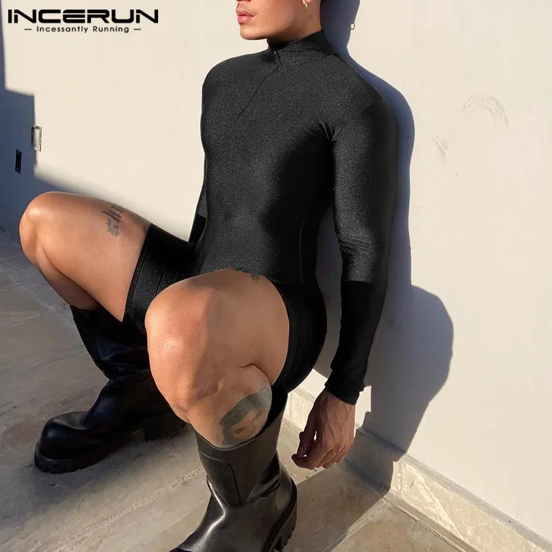 Men's Shorts INCERUN Men Rompers Solid Turtleneck Streetwear Long Sleeve Zipper Skinny Shorts Casual Men Jumpsuits Sexy Overalls S-5XL 230613