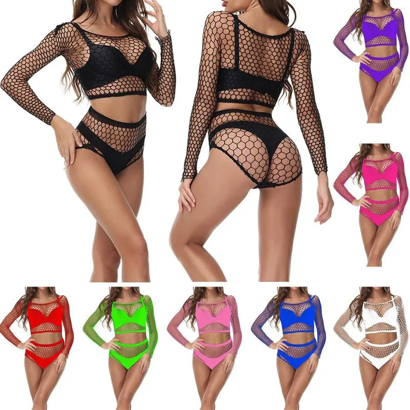 Bras Sets Erotic Lingerie Woman See Through Fishnet Underwear Exotic Sexy Hollow Out Long Sleeve Tops And Panty Set Porno Costumes