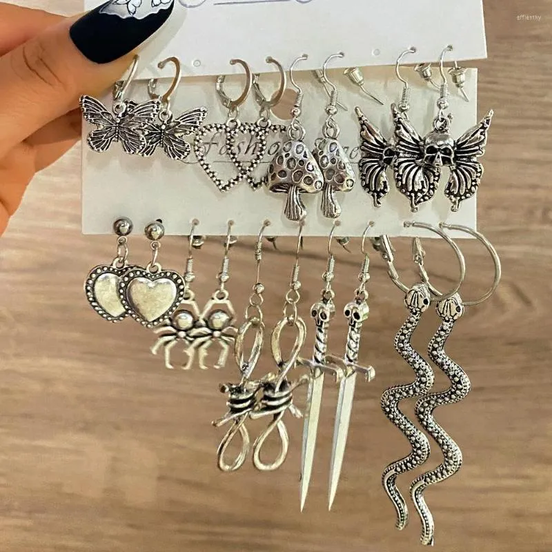 Dingle örhängen en punk gotisk silver pläterad kärlek fjäril uppsättning för kvinnor retro kreativ orm svamp vintage smycken