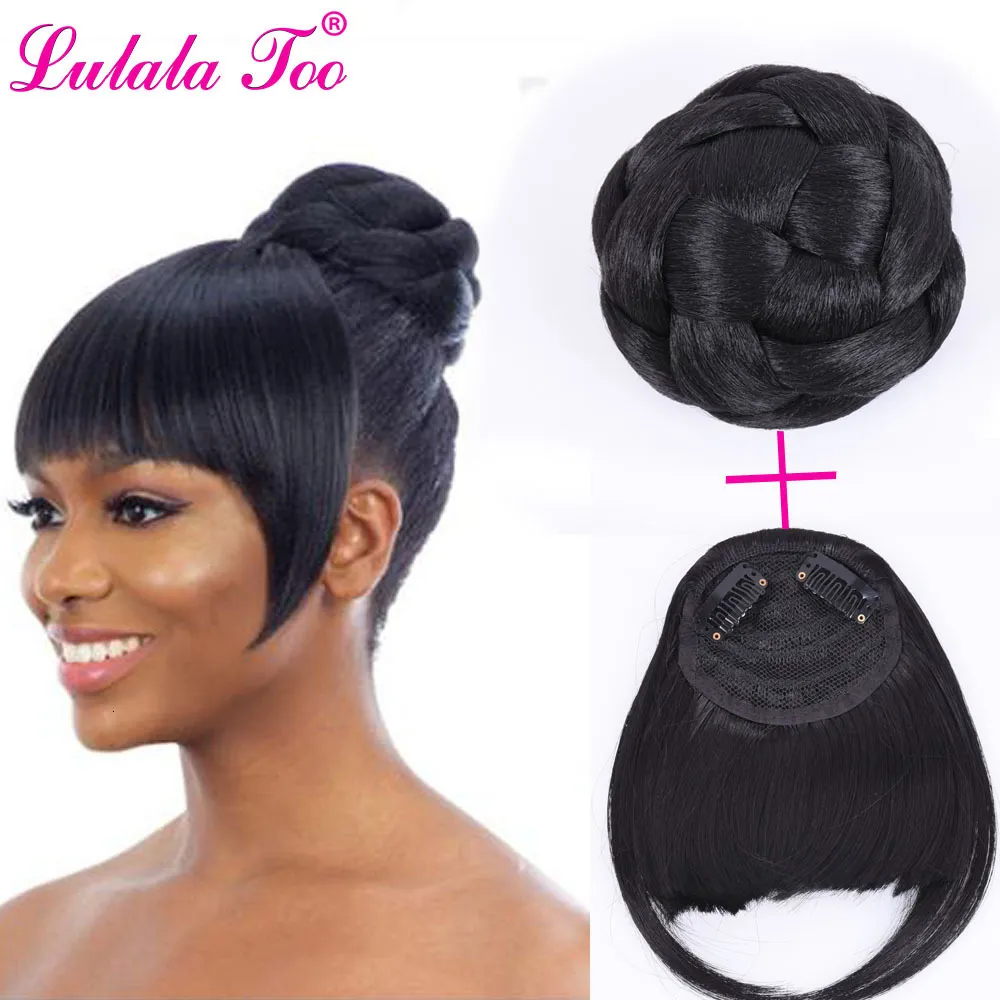 Chignons Synthetic Fake Hair Bun And Bang Set Heat Resistant Fiber Chignons HairPiece Ponytail For Women Clip in Hair Extension 230613