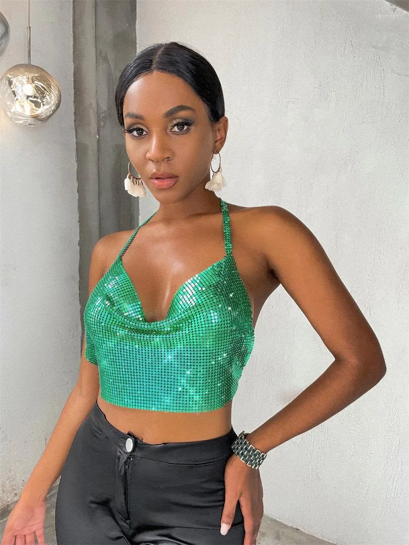 Women's Tanks Green Sequined Super-kort toppar Women's 2023 Solid Color Backless Himmer Metal kedjad sexig chic camis klubbdräkt