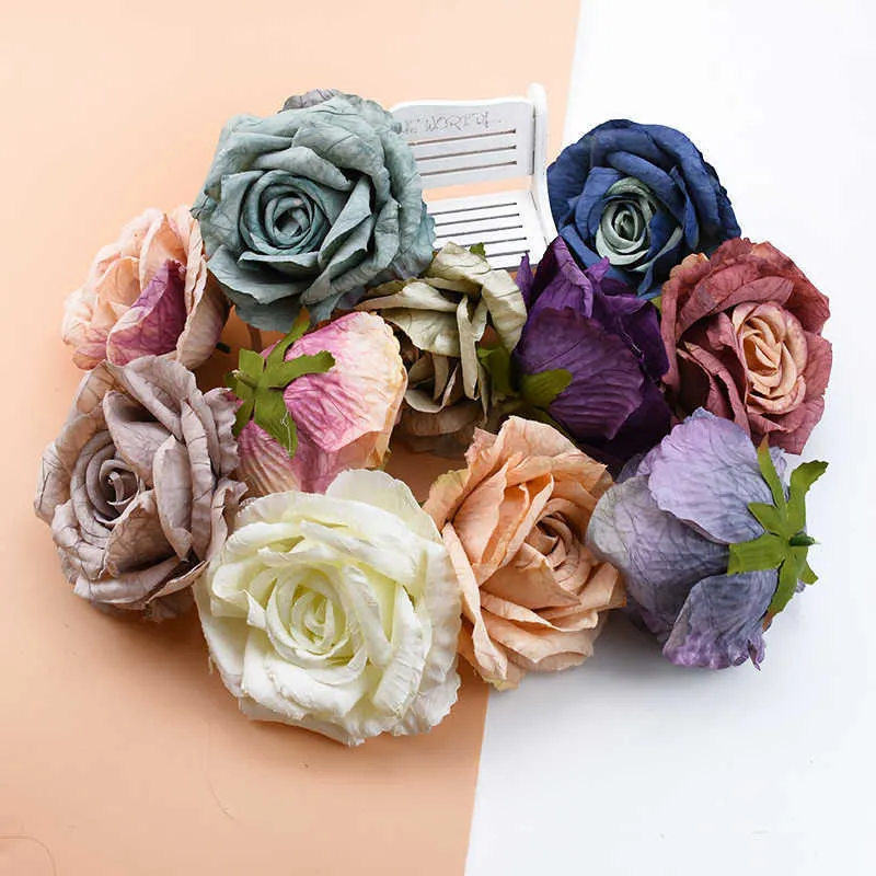 Suszone kwiaty 5pcs 9cm jedwabne róża rośliny ścienne dekoracje świąteczne do domu DIY Prezenty ślubne trzymanie materiału sztuczne tanie