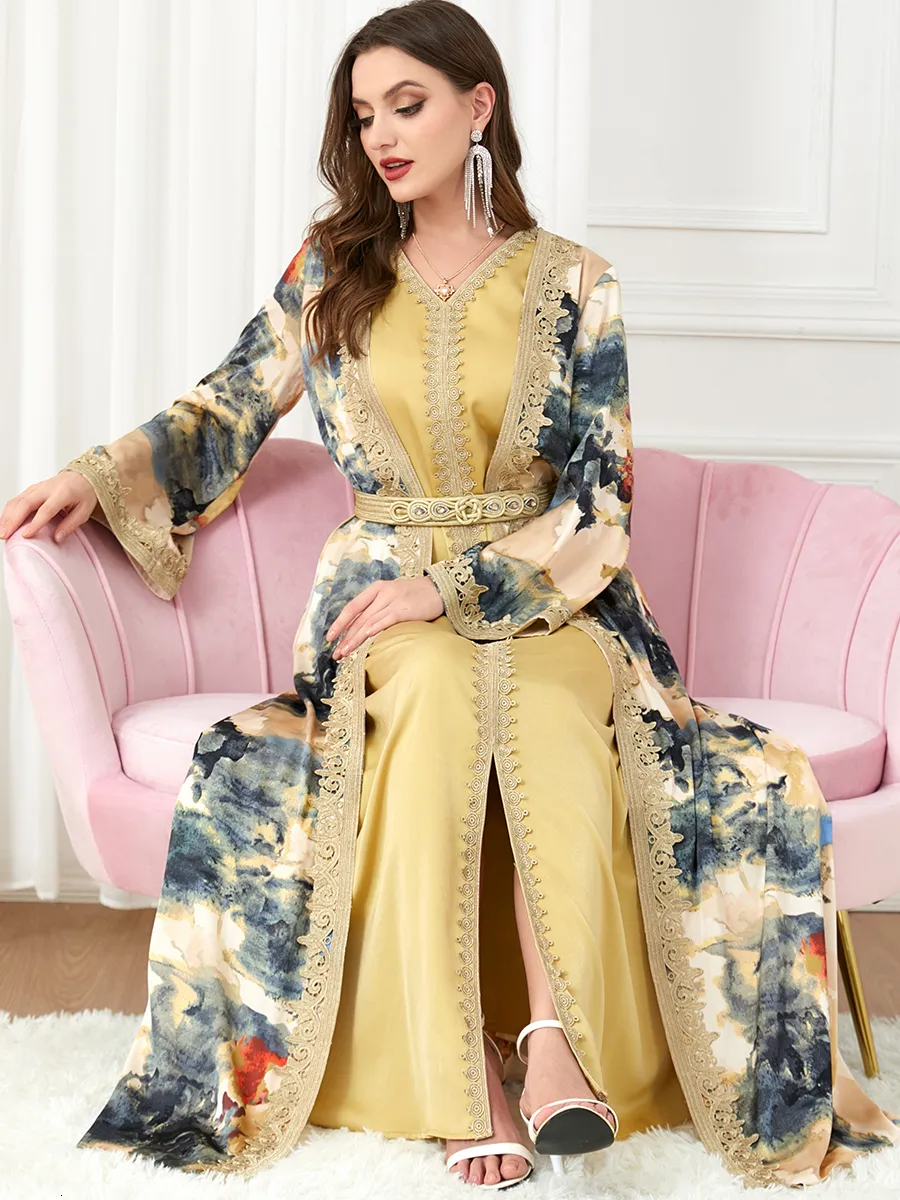 Ethnic Clothing Muslim Set Jalabiya Women Ramadan Abaya Ladies Elegant Print Morocco Kaftan Formal Dress 2 Piece Suit Islamic Long Dresses 230613