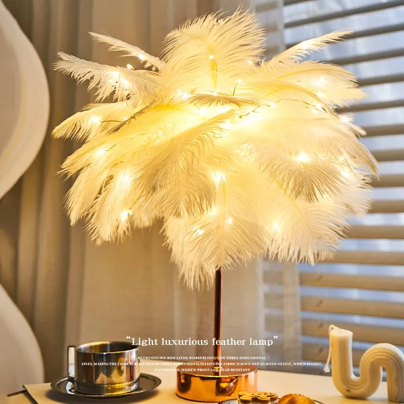 Tafellampen DIY Creatieve Veer Lamp Warm Wit Licht Boom Lampenkap Meisje LED Bruiloft Decoratieve Verlichting Roze Verjaardag