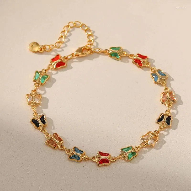 Charmarmband koppar pläterade 18k guld färgglad glasfjäril design enskikts söta kristallpärlor armband för kvinna
