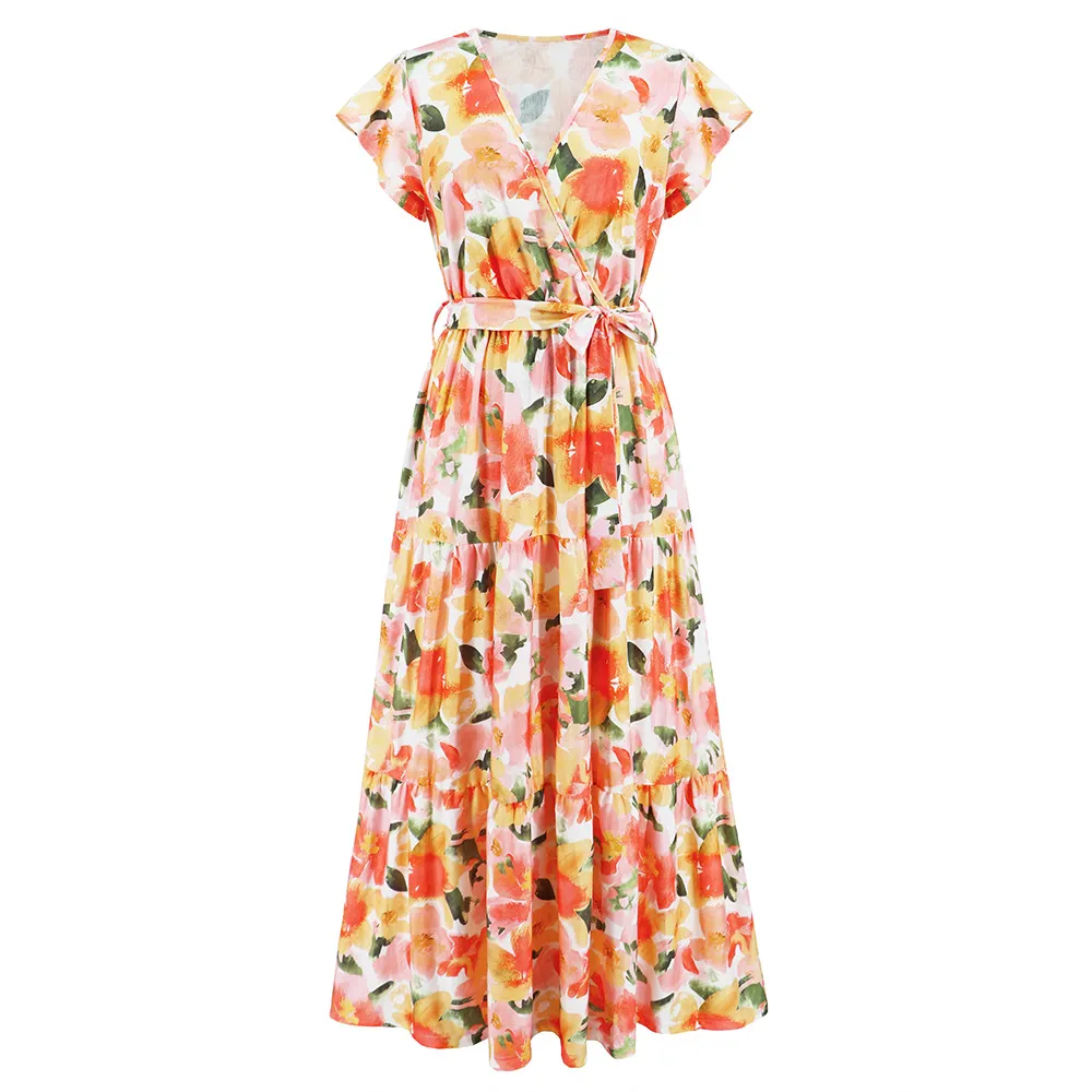 Kobiety kwiatowy nadruk swobodna sukienka Summer Elegancka w stylu vintage bohemian maxi sukienki Kobieta duża huśtawka wakacyjna sukienka