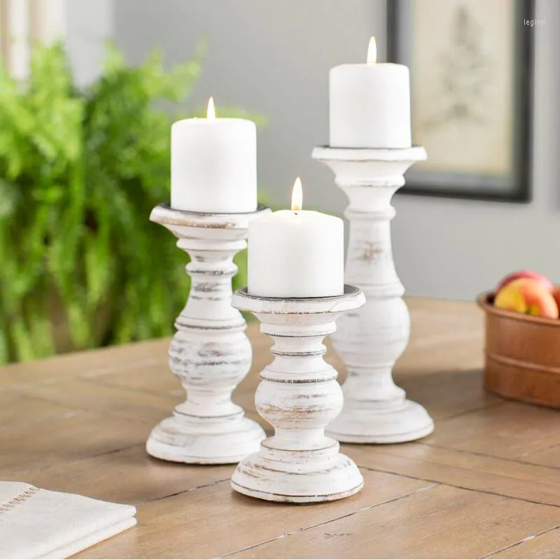 Candle Holders 3 Piece Set Wood Candlestick Tabletop Retro White Holder Home Decoration Wooden Candles Rack Nostalgic Pography Props