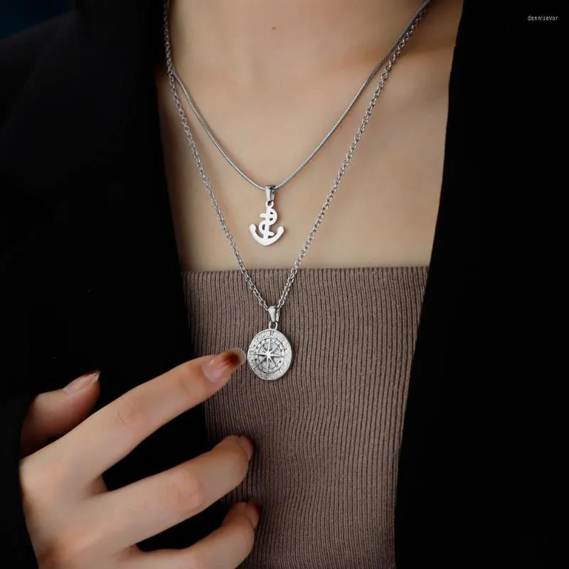 Chains Trendy Anchor Necklace Stainless Steel Compass Layered Women Jewelry Gift